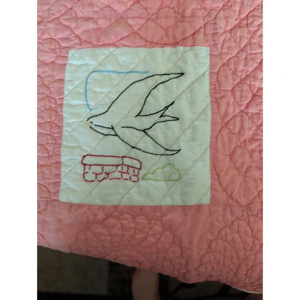 Vintage Handmade Pink & White Embroidered Patchwork Quilt w/Birds & Flowers.